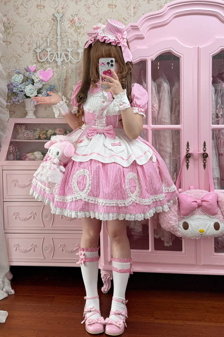 [A Day as a Candy Shop Owner] Peter Pan Collar Short Sleeves Printed Bow Sweet Lolita Dress 3 Colors (Red, Blue, Pink) - Product - 23