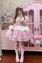 [A Day as a Candy Shop Owner] Peter Pan Collar Short Sleeves Printed Bow Sweet Lolita Dress 3 Colors (Red, Blue, Pink) - Product - 23
