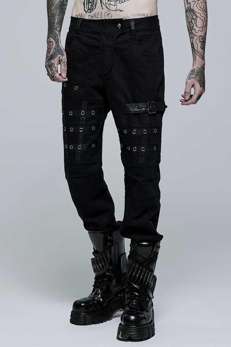 Black Faux Leather Stitching Metal Buttonhole Men's Steampunk Pants - Black - 1