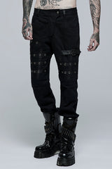 Black Faux Leather Stitching Metal Buttonhole Men's Steampunk Pants - Black - 1