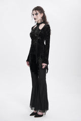 Black Halterneck Long Trumpet Sleeves Jacquard Embroidery Women's Gothic Blouse - Product - 6