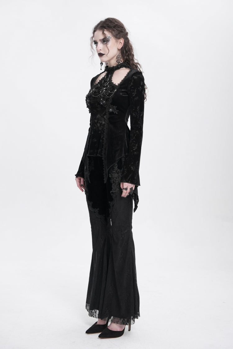Black Halterneck Long Trumpet Sleeves Jacquard Embroidery Women's Gothic Blouse - Product - 6