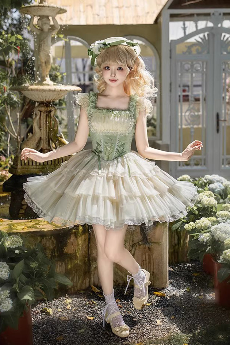 Green [Letters & Poems · Whisper of Lily of the Valley] Square Collar Multi-Layered Ruffled Embroidered Fishbone Sweet Lolita Jsk Dress 2 Versions - Product - 3
