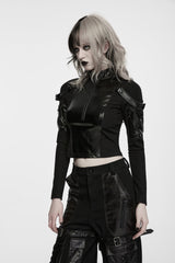 Black Stand Collar Long Sleeves Patchwork Slim Fit Zippered Women's Punk Cool Crop Top with Arm Zip Pocket - Product - 4