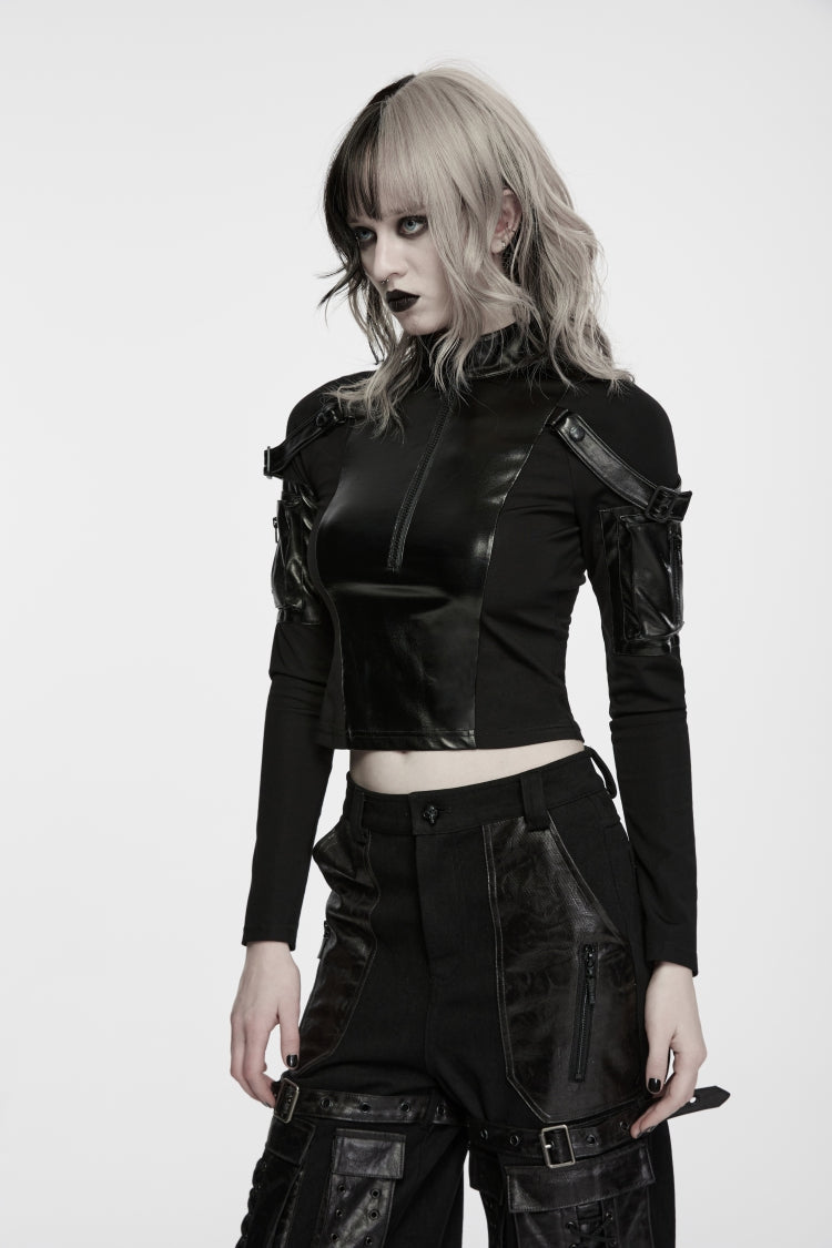 Black Stand Collar Long Sleeves Patchwork Slim Fit Zippered Women's Punk Cool Crop Top with Arm Zip Pocket - Product - 4
