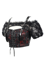 Black/Red Scottish Plaid Off Shoulder Bright Leather Straps Lace Up Lace Women's Punk T-Shirt - Product - 7