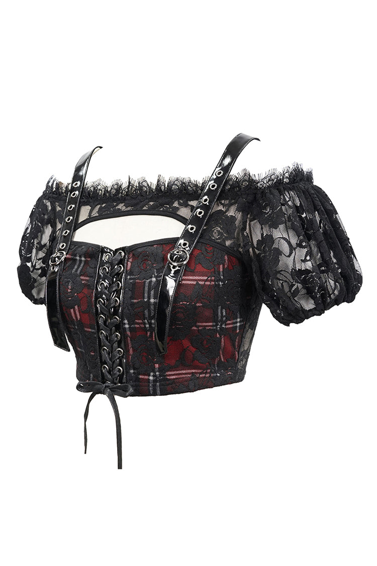 Black/Red Scottish Plaid Off Shoulder Bright Leather Straps Lace Up Lace Women's Punk T-Shirt - Product - 7