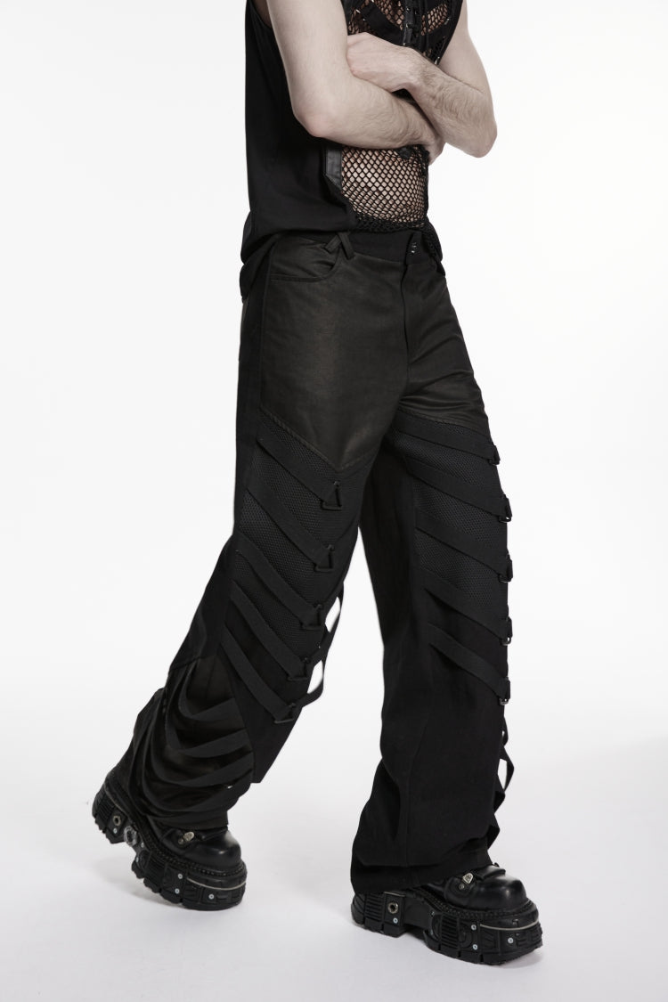 Black Multi-Layered Mesh Eyelet Men's Punk Cool Strappy Pants - Product - 12