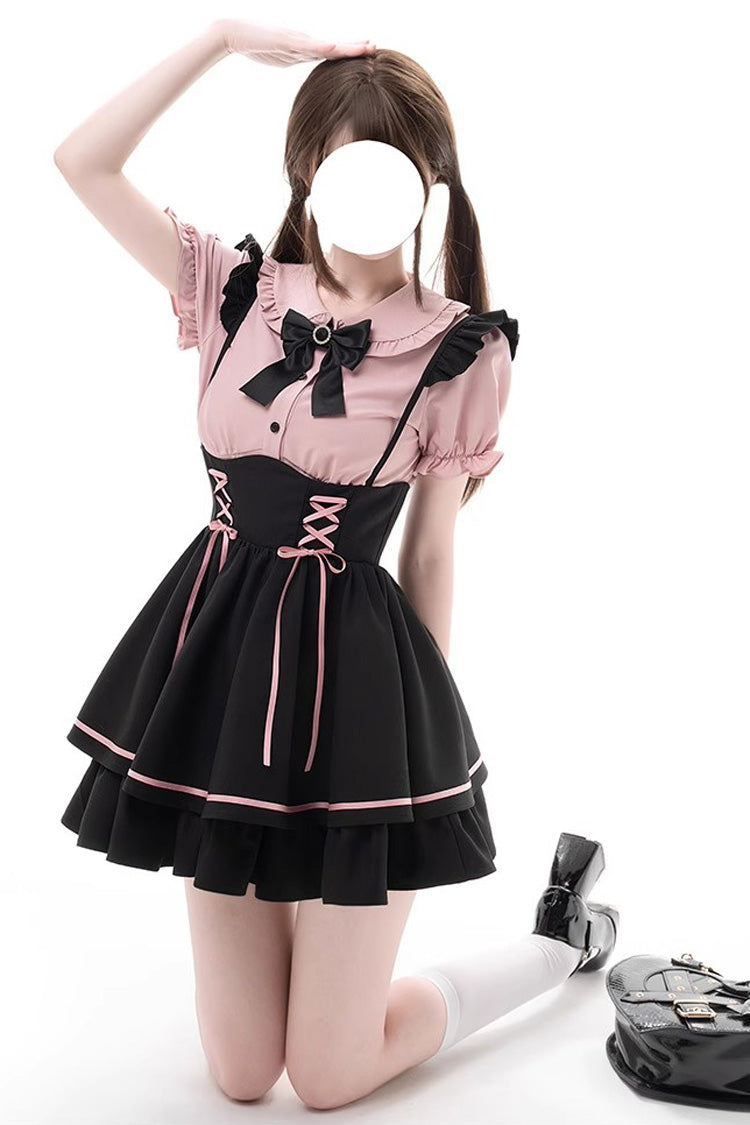 Black/Pink First Sakura Short Sleeves Multi-layer Lace-Up Sweet Jirai Kei Japanese Set - Product - 9