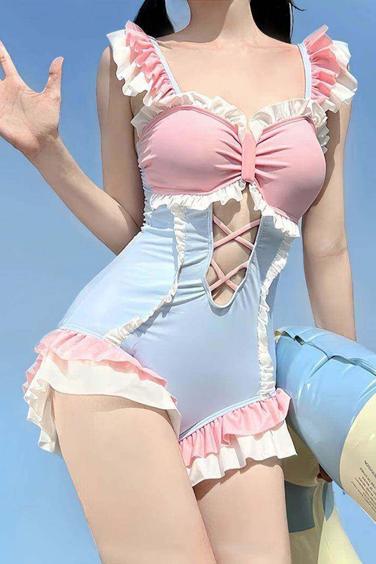 Blue/Pink Square Collar Sleeveless Ruffled Cut-Out Lace-Up Sweet Lolita One-Piece Swimsuit - Product - 3