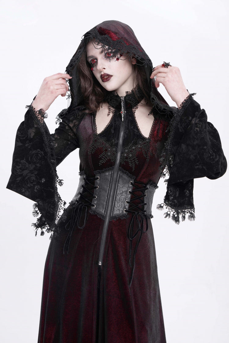 Red Long Sleeves Hollow Embroidery Hooded Ripped Women's Gothic Dress Coat - Product - 9