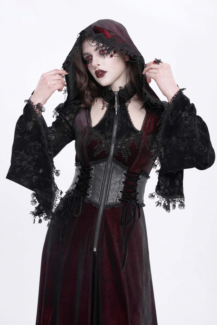 Red Long Sleeves Hollow Embroidery Hooded Ripped Women's Gothic Dress Coat - Product - 9