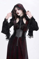 Red Long Sleeves Hollow Embroidery Hooded Ripped Women's Gothic Dress Coat - Product - 9