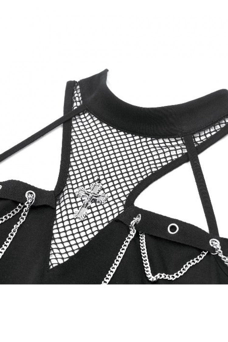 Black Women's Gothic Cross Halterneck Cut-Out Mesh Chain-Decorated Eyelet Tank Top - Product - 13