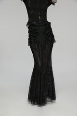 Black Embroidered Spliced Ruffled Lace Slim Mesh Women's Gothic  Mermaid Skirt - Product - 12