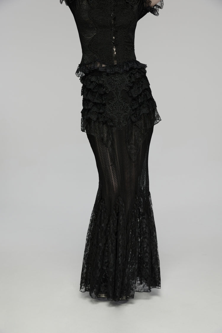 Black Embroidered Spliced Ruffled Lace Slim Mesh Women's Gothic  Mermaid Skirt - Product - 12