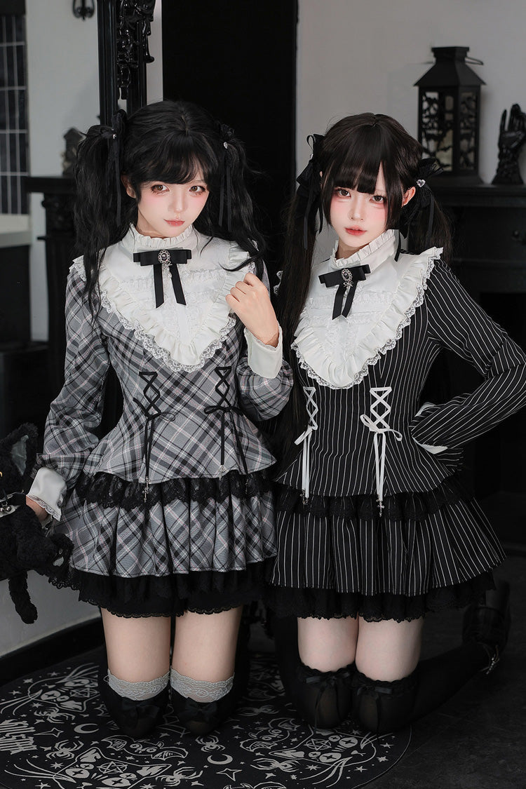 [Doki!] Stand Collar Long Sleeves Printed Ruffled Lace-Up Sweet Cool Lolita Dress 2 Colors(Black, Grey) - Product - 6