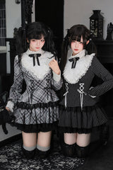 [Doki!] Stand Collar Long Sleeves Printed Ruffled Lace-Up Sweet Cool Lolita Dress 2 Colors(Black, Grey) - Product - 6