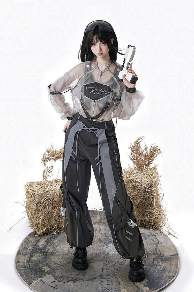 Black [Infinite Battlefield] Long Sleeves Printed Techwear Style Gothic Handsome Ouji Lolita Set - Product - 12