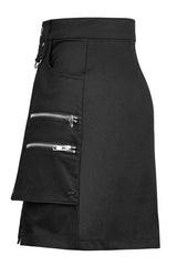 Black Heavy Industrial Hem Slit Design Multi-Pocket Zipper Trim Sexy Women's Punk Mini Skirt - Product - 7