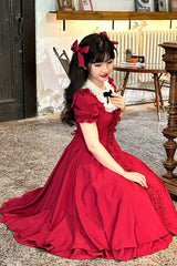 Wine Red Annie's Gift Short Sleeves Bowknot Sweet Lolita Dress (Plus Size Support) - Product - 6