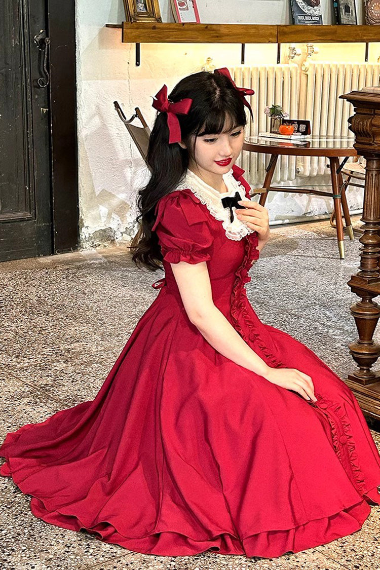 Wine Red Annie's Gift Short Sleeves Bowknot Sweet Lolita Dress (Plus Size Support) - Product - 6