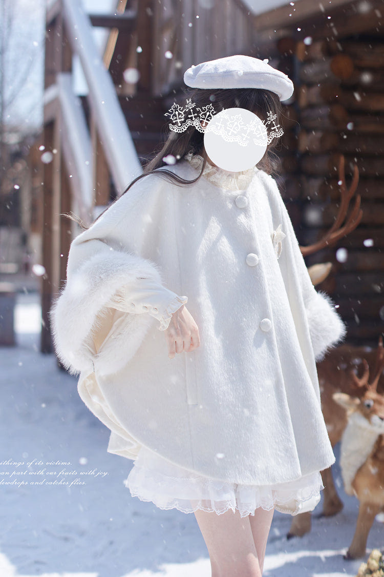White Long Sleeves Lace Sweet Japanese Lolita Fluffy Cloak Coat - Product - 7