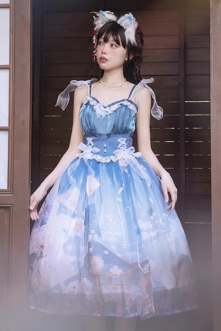 Blue/Pink Mount Fuji Cherry Blossom Season Print Bowknot Sweet Lolita Skirt - Blue/Pink - 1