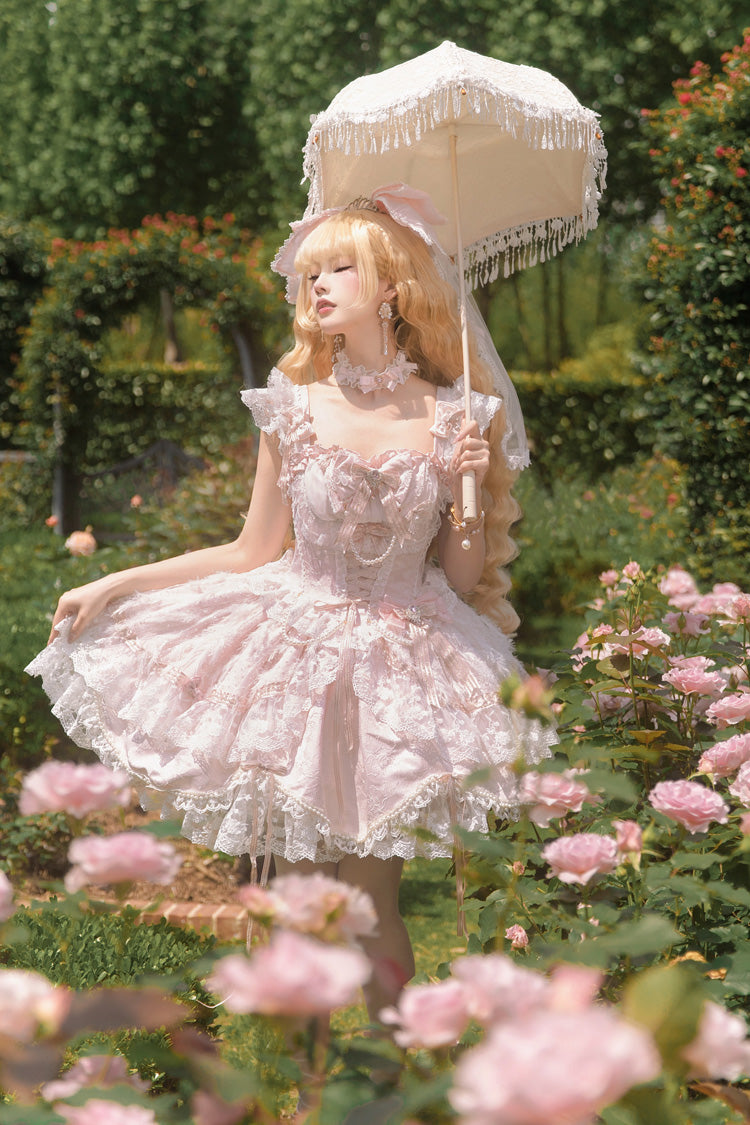 Pink [Anna’s Ball] Square Collar Ruffled Hanayome Bow Lace Sweet Princess Ballet Lolita Jsk Dress - Product - 6