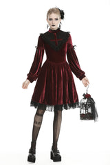 Red Vintage Long Sleeves Lace Collar Cross Women's Gothic Velet Dress - Product - 9