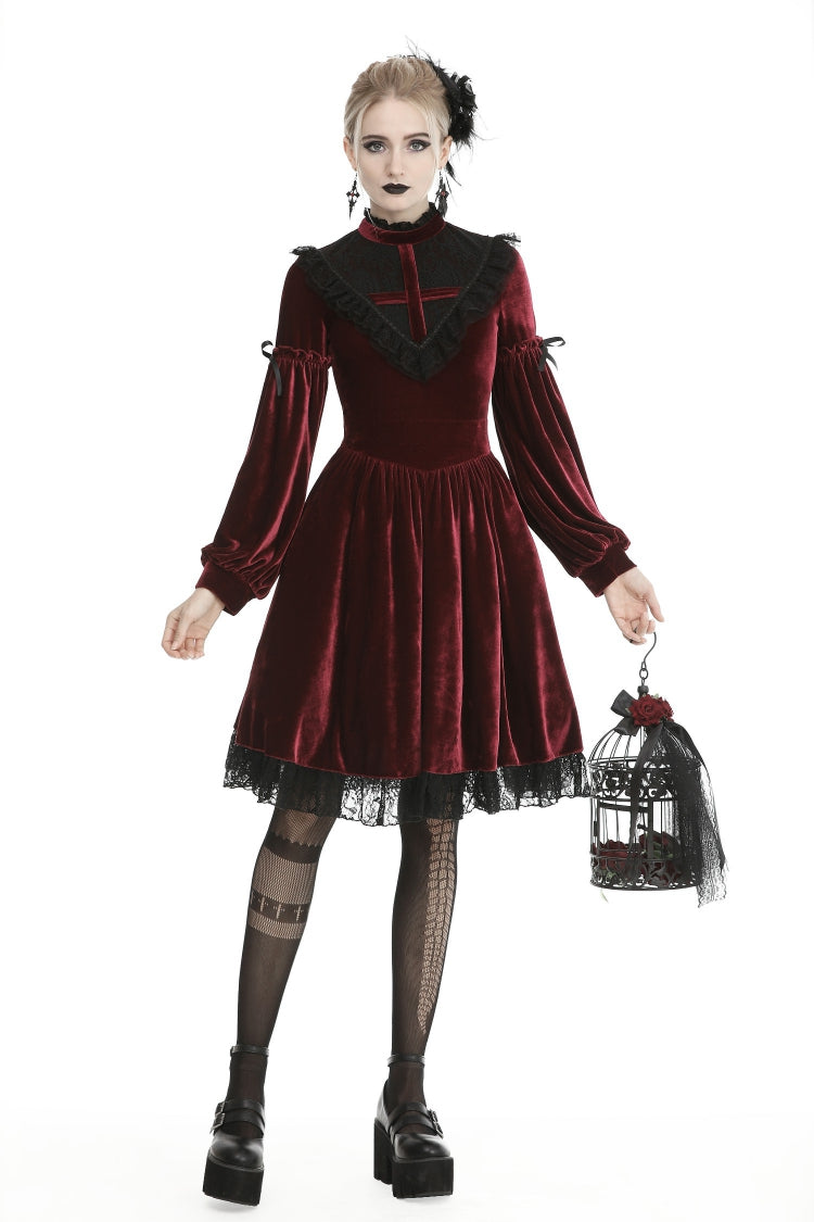 Red Vintage Long Sleeves Lace Collar Cross Women's Gothic Velet Dress - Product - 9