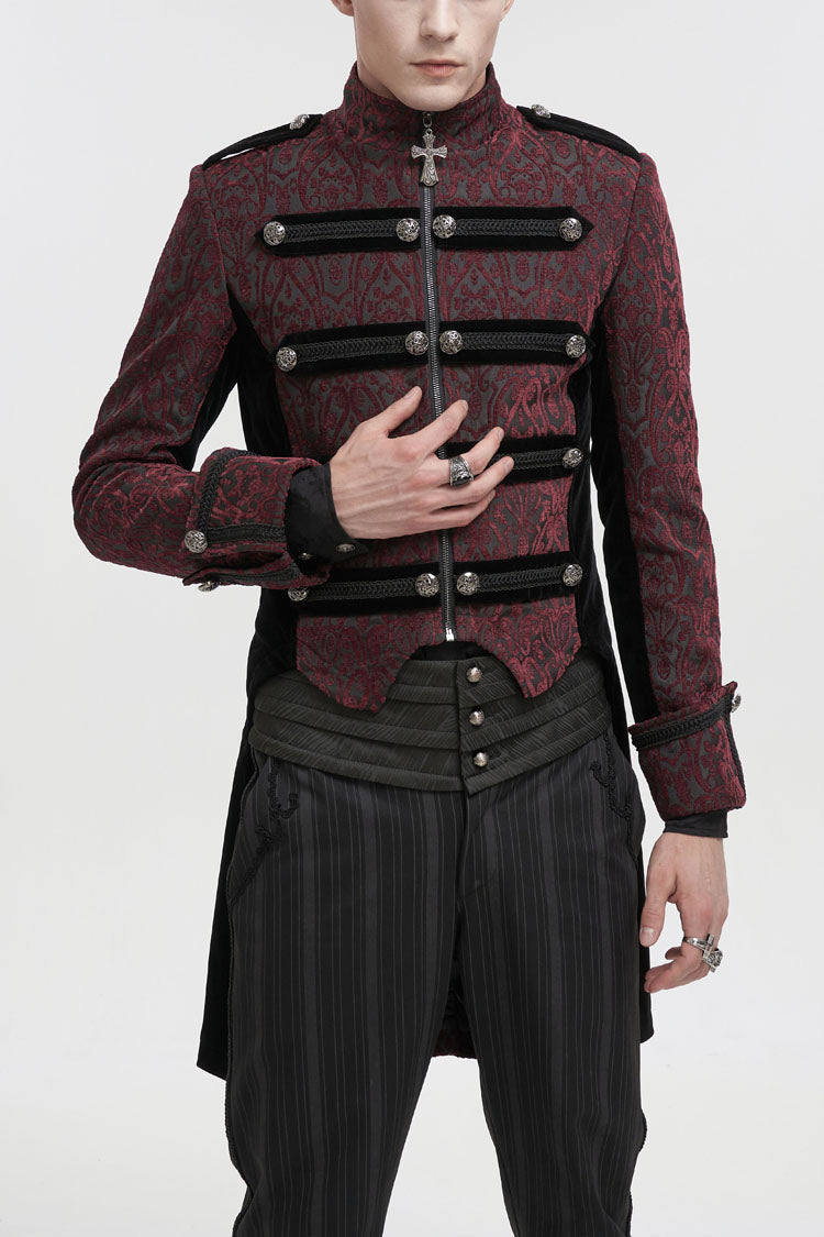 Red Silk Stand Collar Printed Metal Breasted Cross Zipper Back Slit Vintage Men's Gothic Jacket - Red - 1