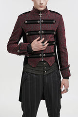 Red Silk Stand Collar Printed Metal Breasted Cross Zipper Back Slit Vintage Men's Gothic Jacket - Red - 1