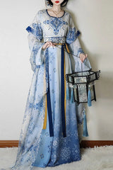 Round Collar High Waisted Print Slim Women's Classic Hanfu Dress Full Set - Light Blue - 2