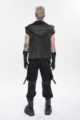 Black Spliced Hooded Buckled Eyelet Men's Punk Cool Vest - Product - 2
