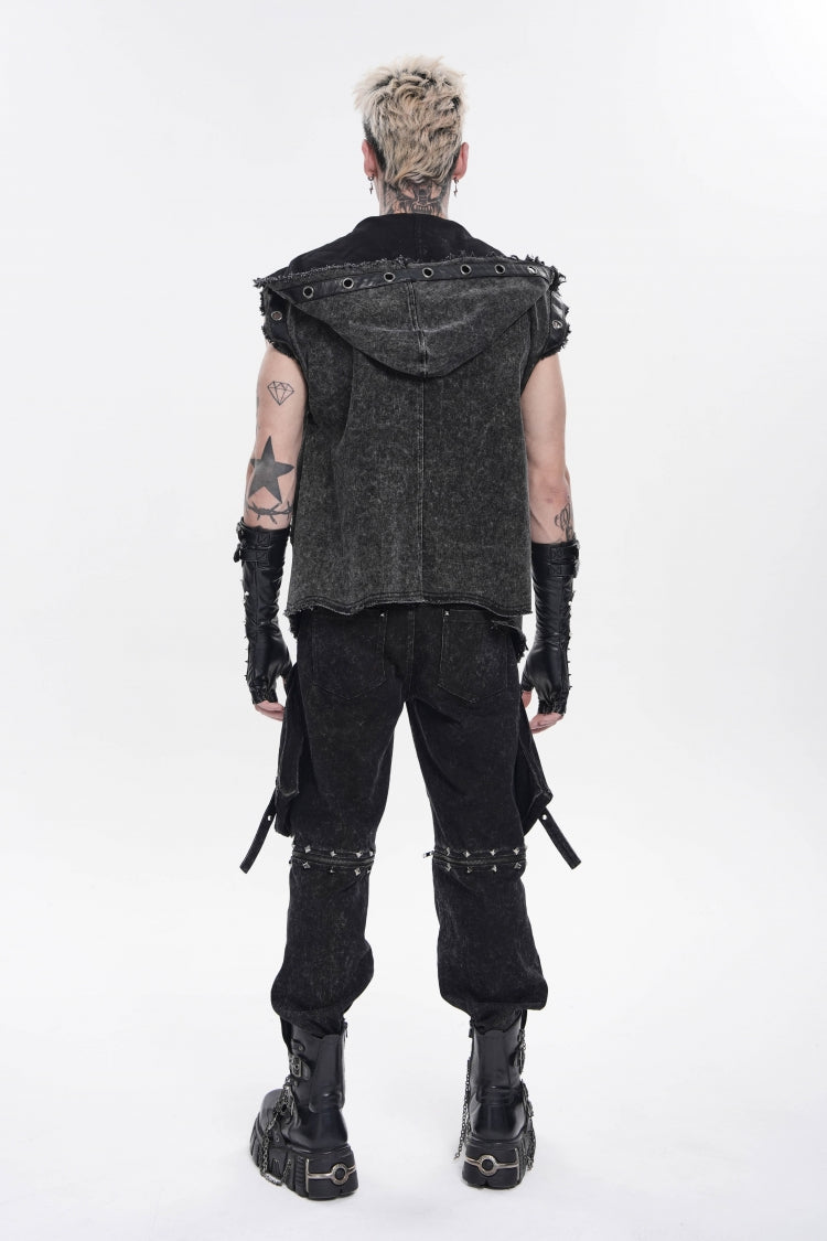 Black Spliced Hooded Buckled Eyelet Men's Punk Cool Vest - Product - 2