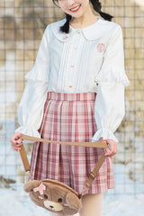 Pink College Style Plaid Stripe Print Sweet Japanese School Pleated Skirt - Pink - 1