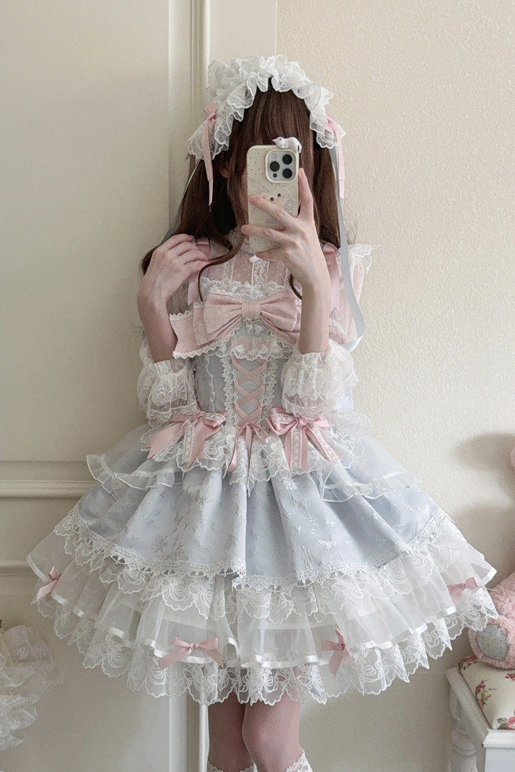 Blue [Fleishi Island] Sleeveless Ruffle Bowknot Lace Slim Sweet Ballet Lolita Jsk Dress - Blue - 1