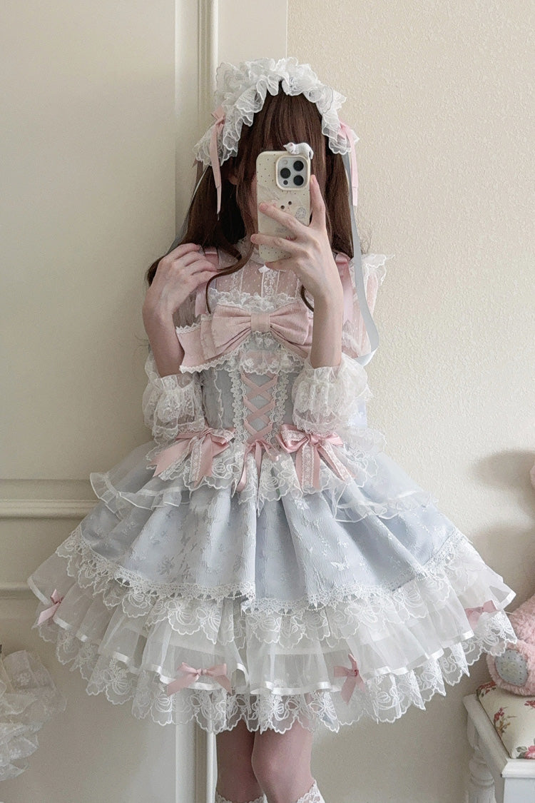 Blue [Fleishi Island] Sleeveless Ruffle Bowknot Lace Slim Sweet Ballet Lolita Jsk Dress - Blue - 1