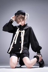Black [City of Mist] Navy Collar Long Sleeves Gothic College Style Prince Ouji Lolita Shorts Coat Set - Product - 5