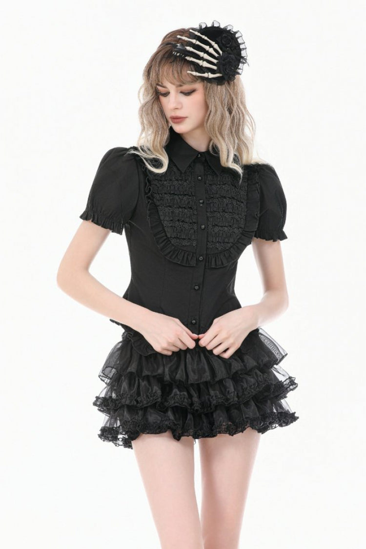 Black Pointed Turn‑down Collar Ruffled Short Puff Sleeves Pleated Women's Gothic Victorian Slim Blouse - Product - 6