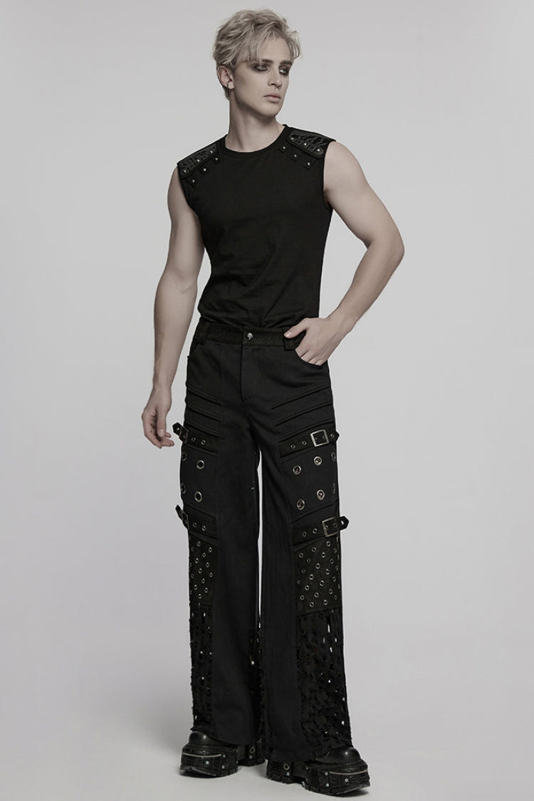 Black Eyelet Ripped Men's Punk Straight Pants - Product - 4