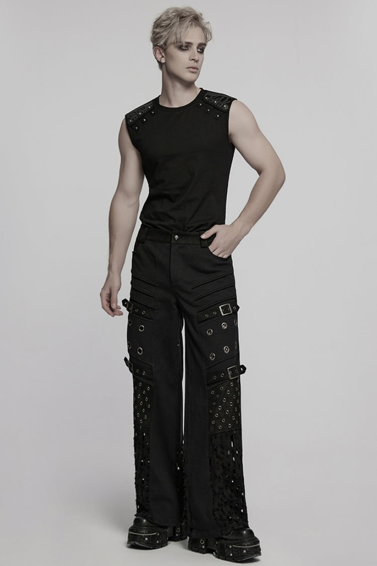 Black Eyelet Ripped Men's Punk Straight Pants - Product - 4
