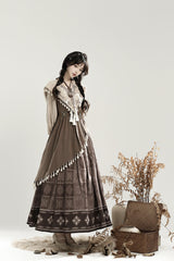 Brown [Mysterious Tribe] Long Lantern Sleeves Print Ruffle Asymmetric Sweet Chinese Style Lolita Dress - Product - 4
