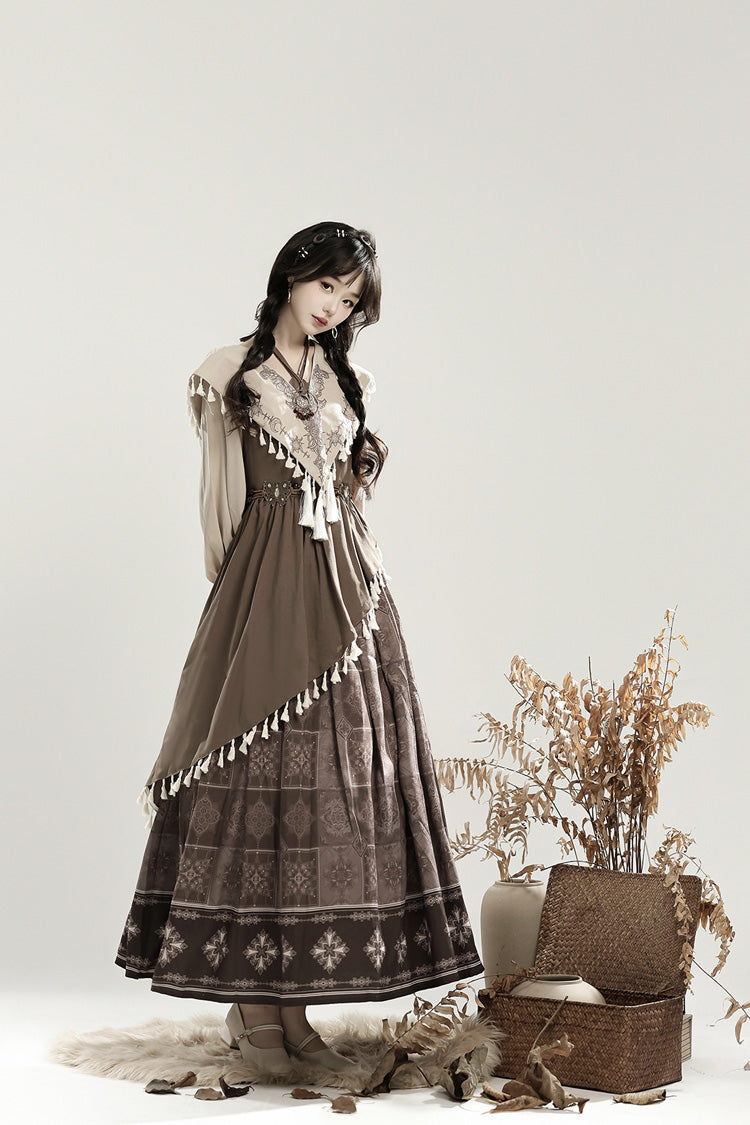 Brown [Mysterious Tribe] Long Lantern Sleeves Print Ruffle Asymmetric Sweet Chinese Style Lolita Dress - Product - 4