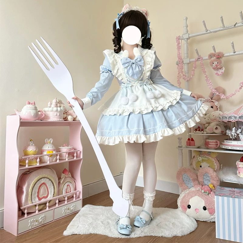 Light Blue and White Ruffled Bunny Maid Lolita Dress with Apron Bow Accent - view 4