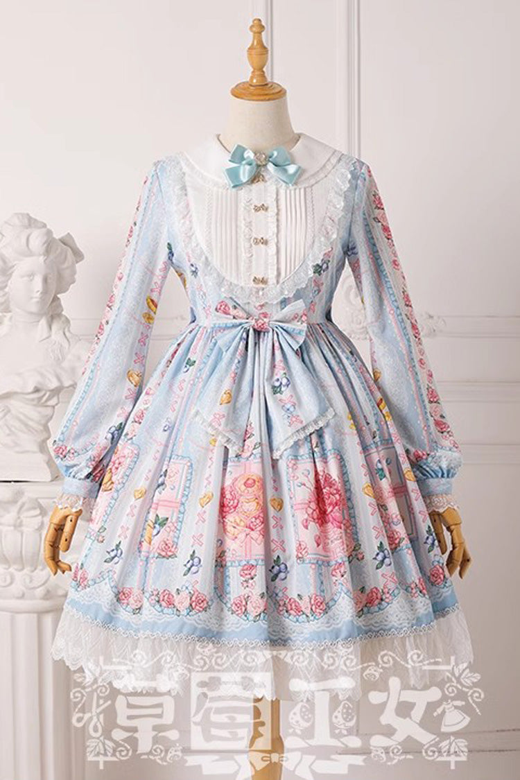 Blueberry Berries Print Long Sleeves Bowknot Sweet Princess Lolita Dress 4 Colors - Product - 4