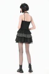 Black/White Contrast Stripes Lace-Up Multi-Layered Ruffled Hem Women's Gothic Slip Dress - Product - 9