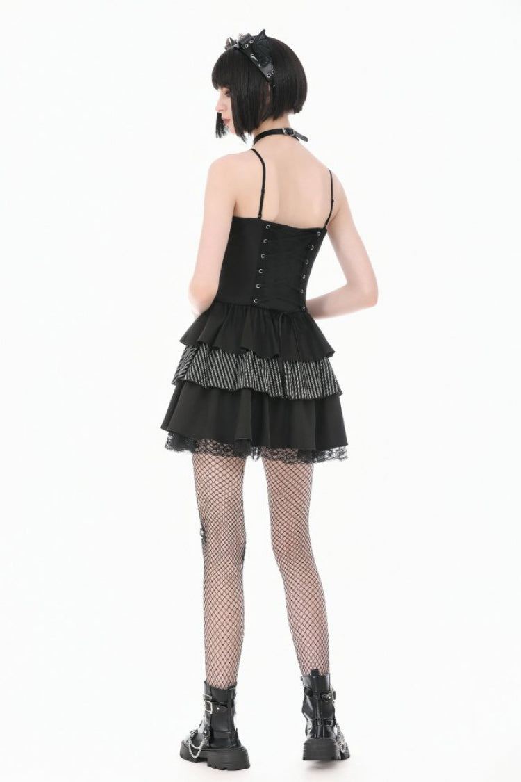 Black/White Contrast Stripes Lace-Up Multi-Layered Ruffled Hem Women's Gothic Slip Dress - Product - 9