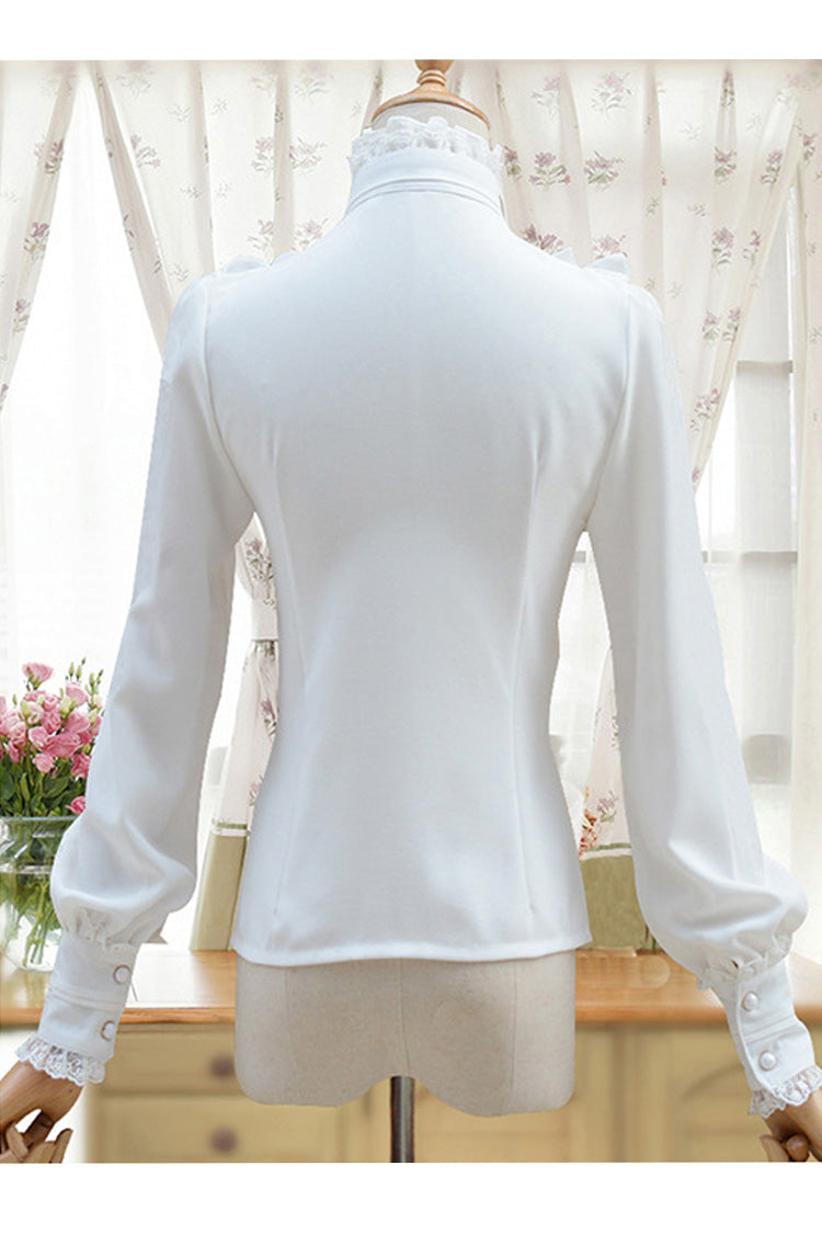 Solid Color Lantern Sleeves Stand Collar Bowknot Tie Classic Lolita Blouse 4 Colors - Product - 5
